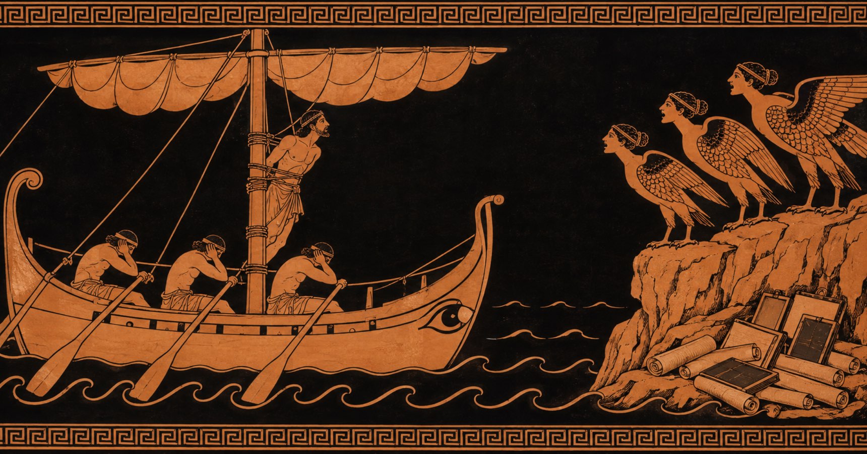 Red-figure illustration of Odysseus bound to his ship's mast as rowers with stopped ears row past the Sirens, whose rock is heaped with abandoned scrolls.